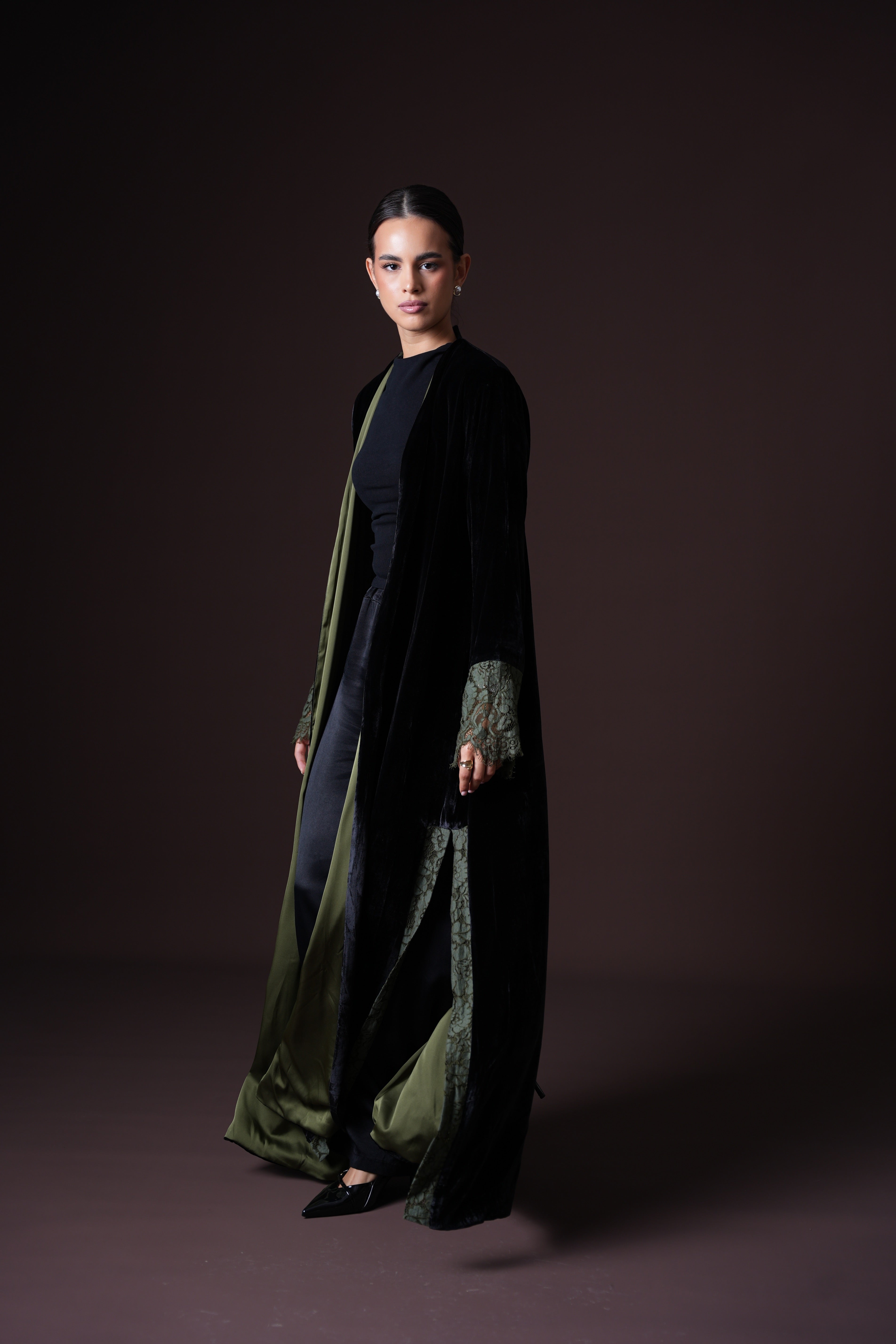 Haya’s Abaya – Black Velvet with Olive Lace