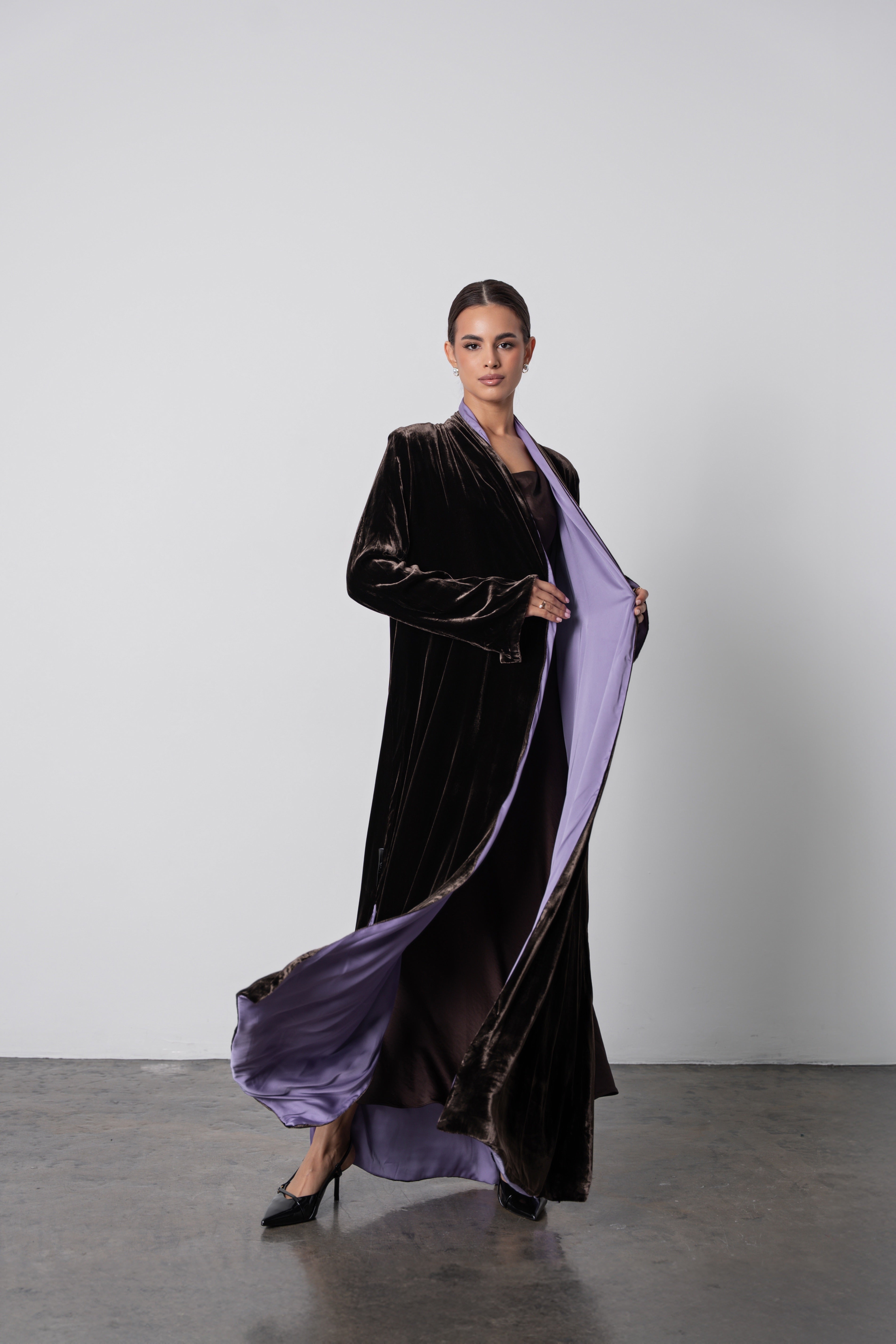 Brown Velvet Abaya with Lilac Lining