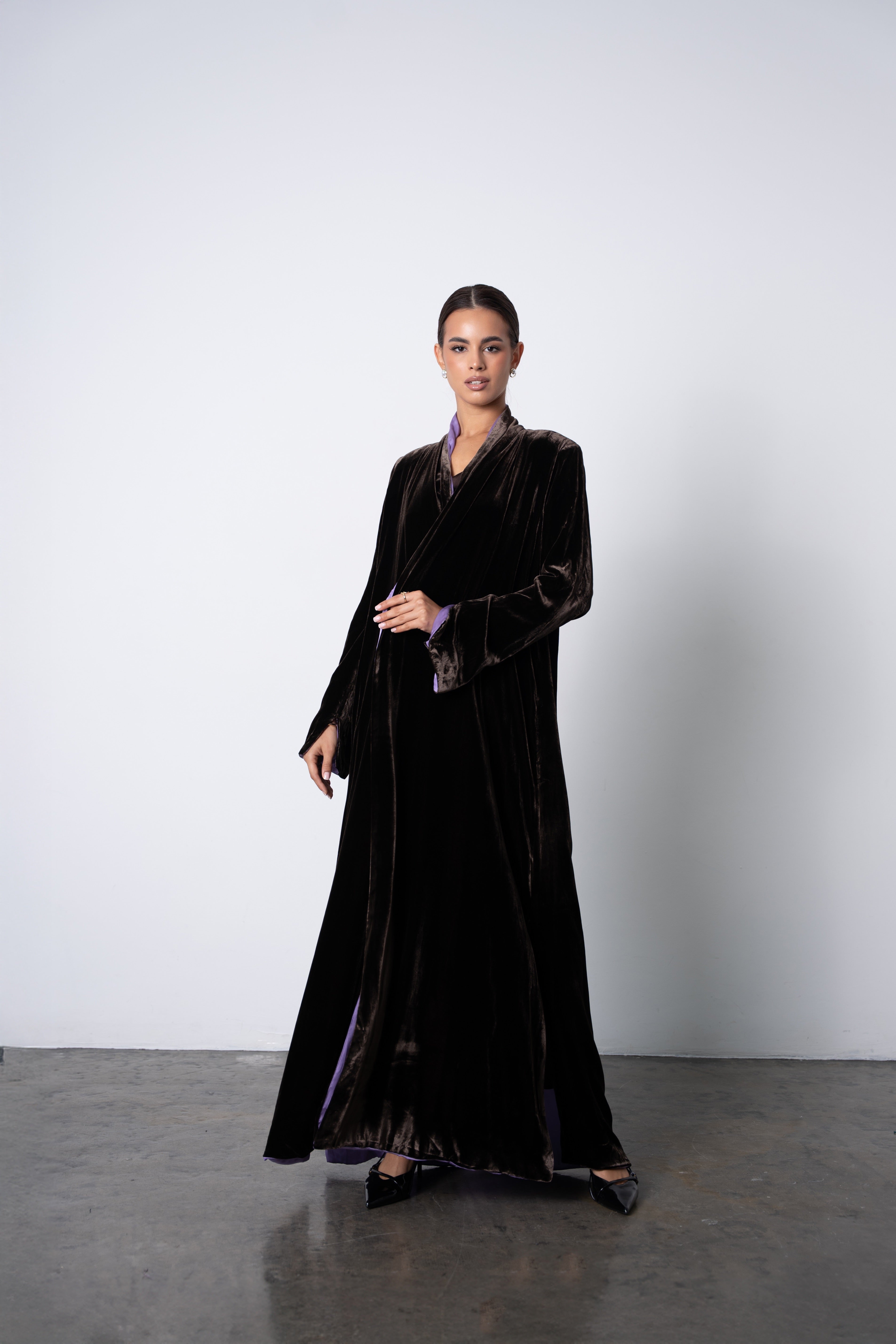 Brown Velvet Abaya with Lilac Lining