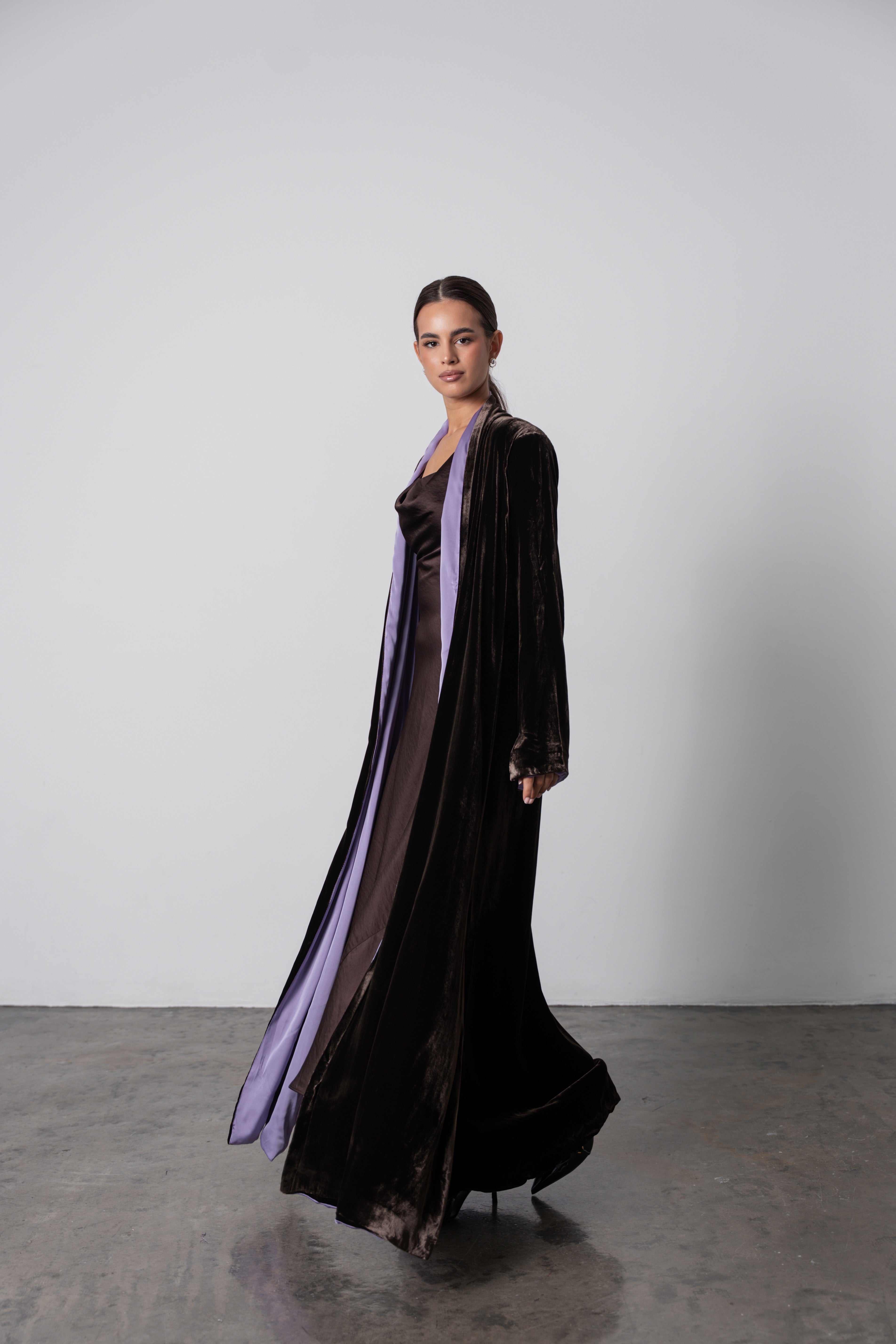 Brown Velvet Abaya with Lilac Lining
