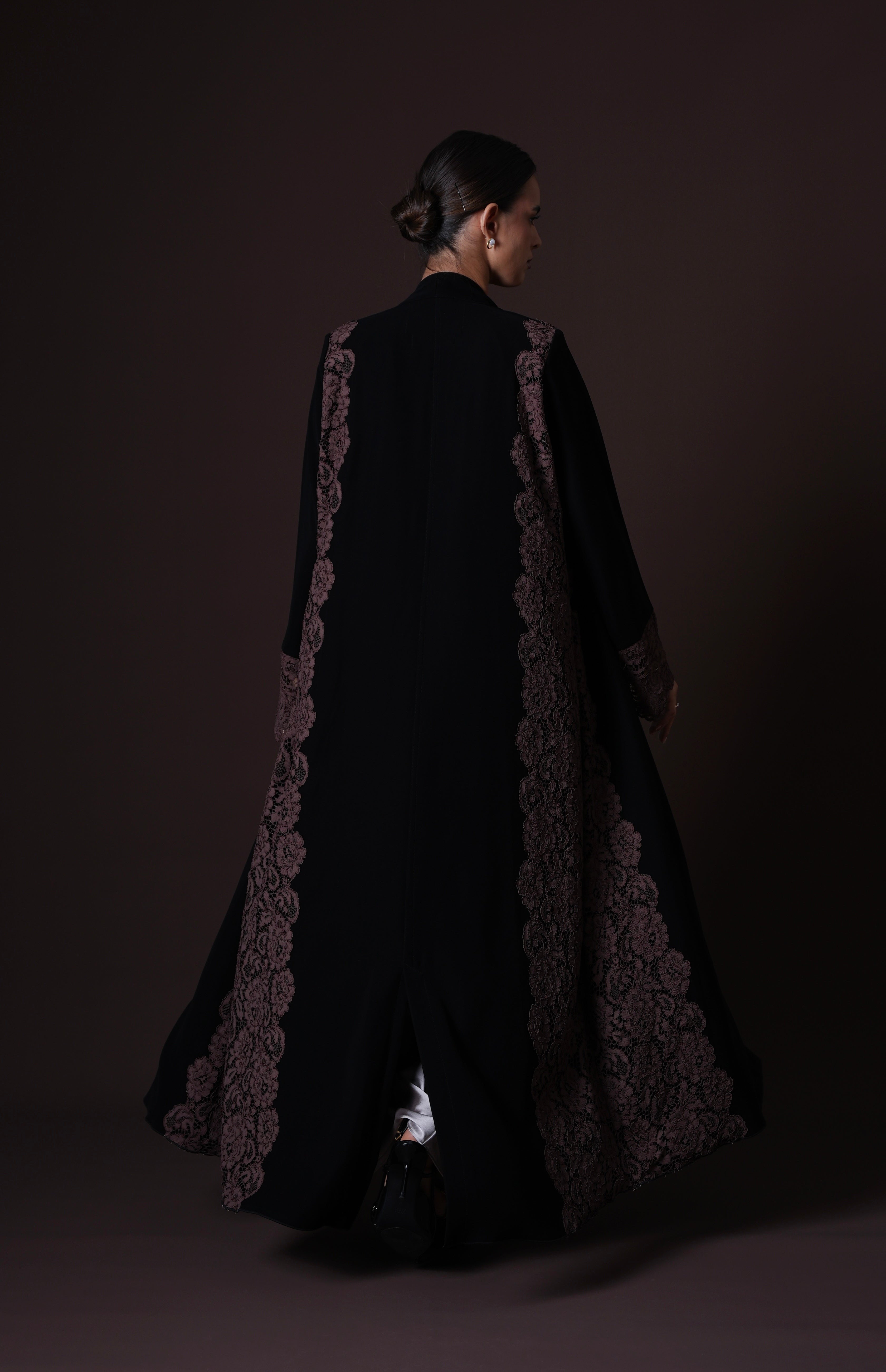 Anoud Abaya – Black Crepe with Brown Lace