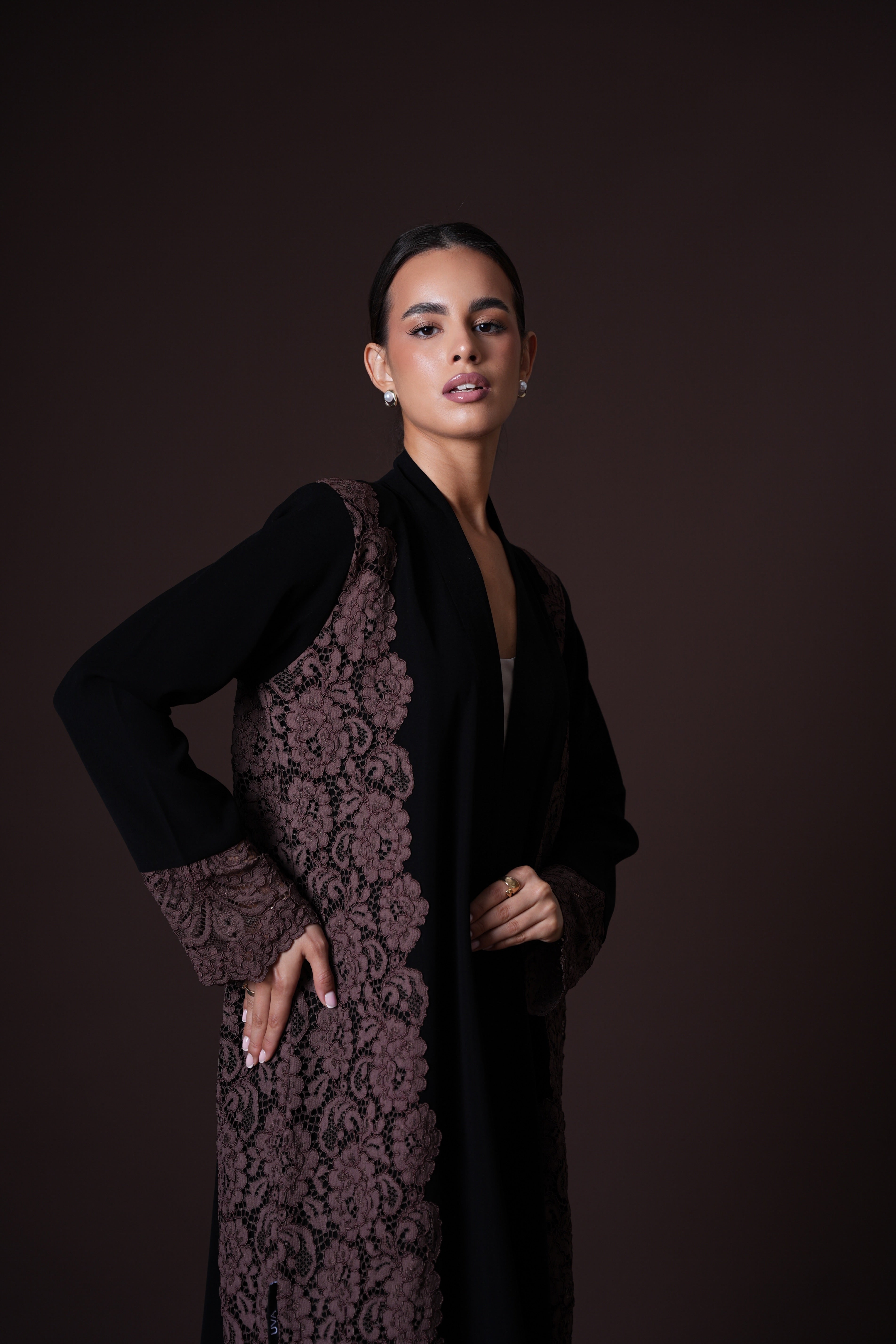Anoud Abaya – Black Crepe with Brown Lace