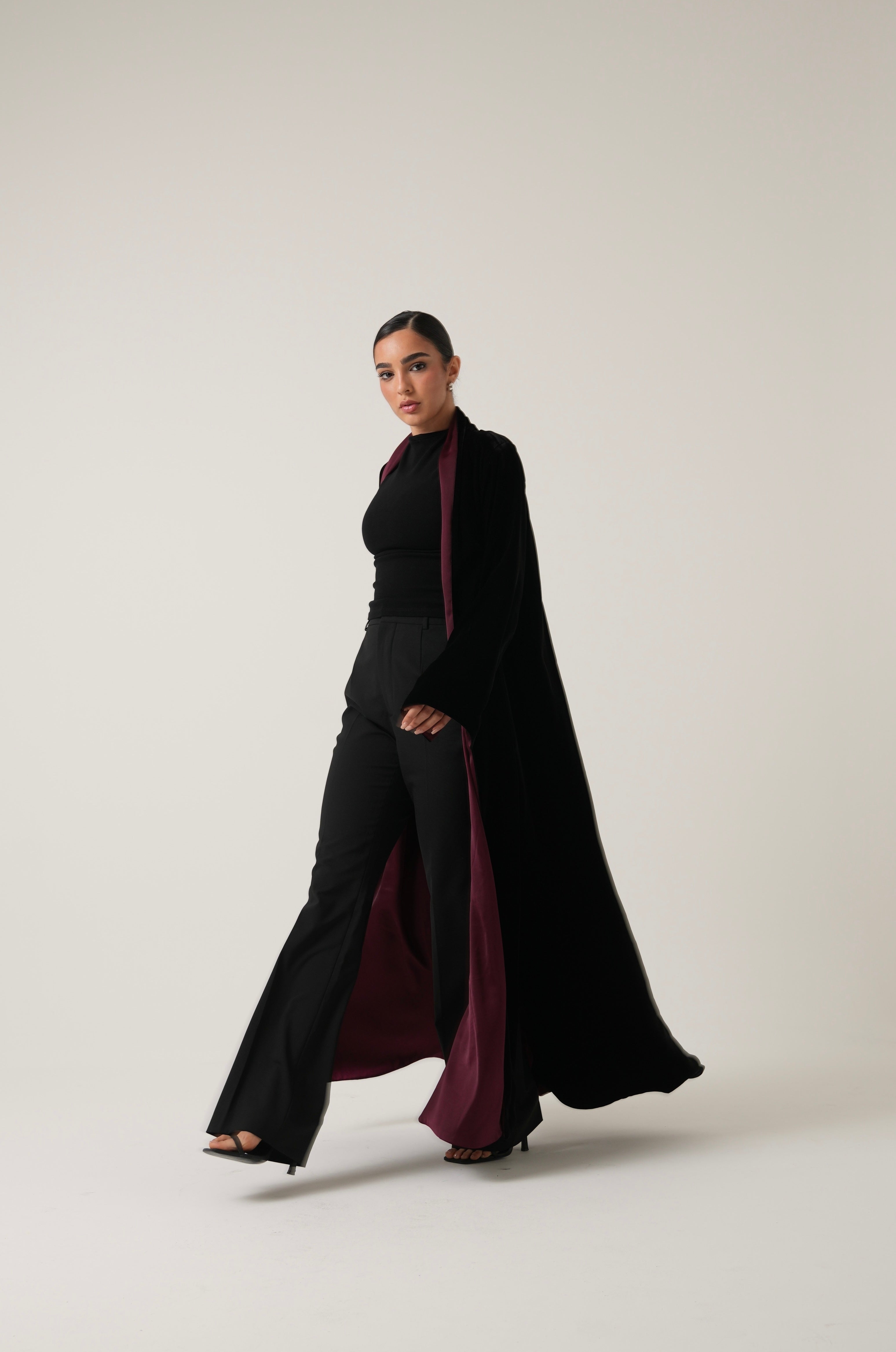 Black velvet abaya with burgundy inner lining