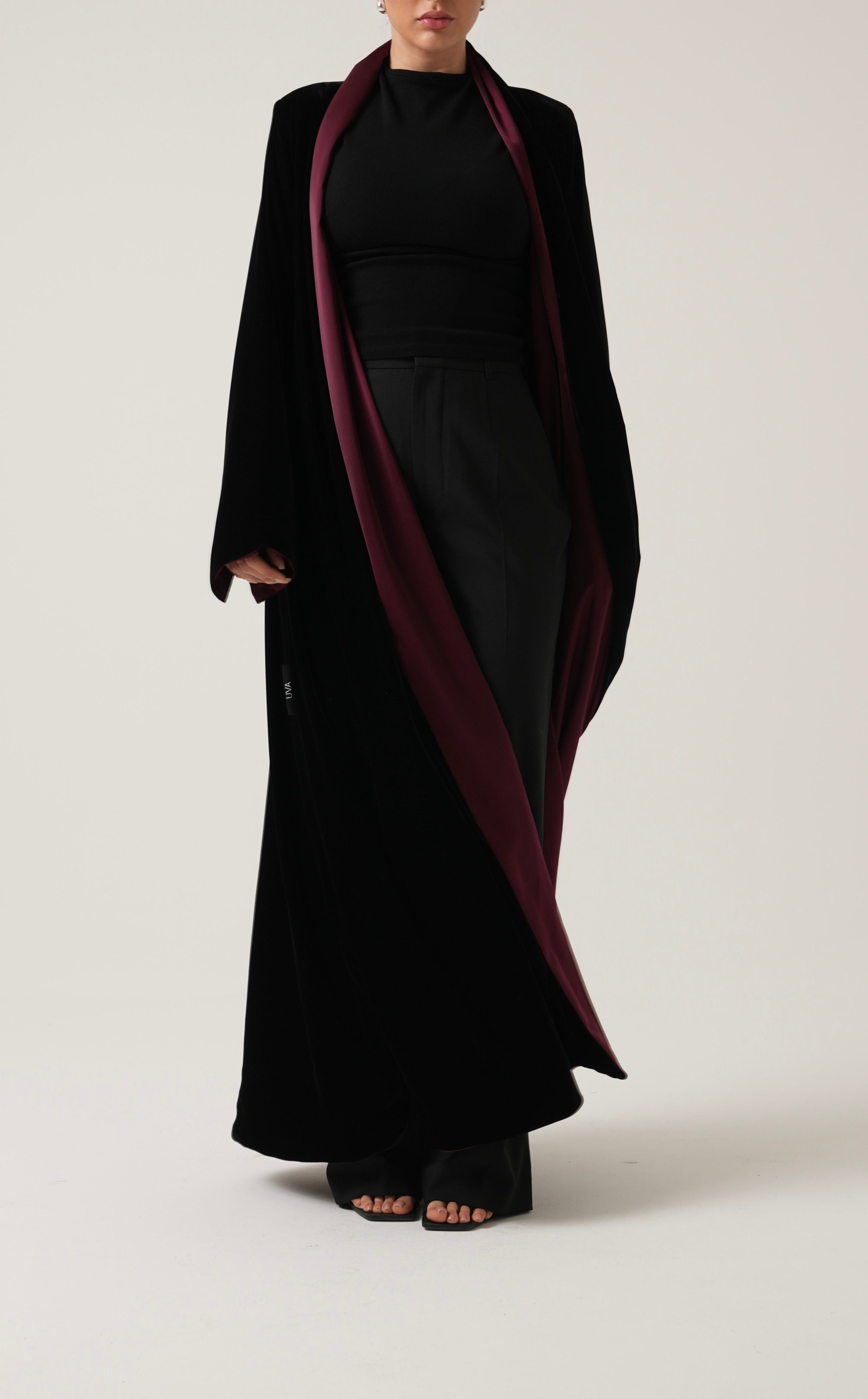 Black velvet abaya with burgundy inner lining