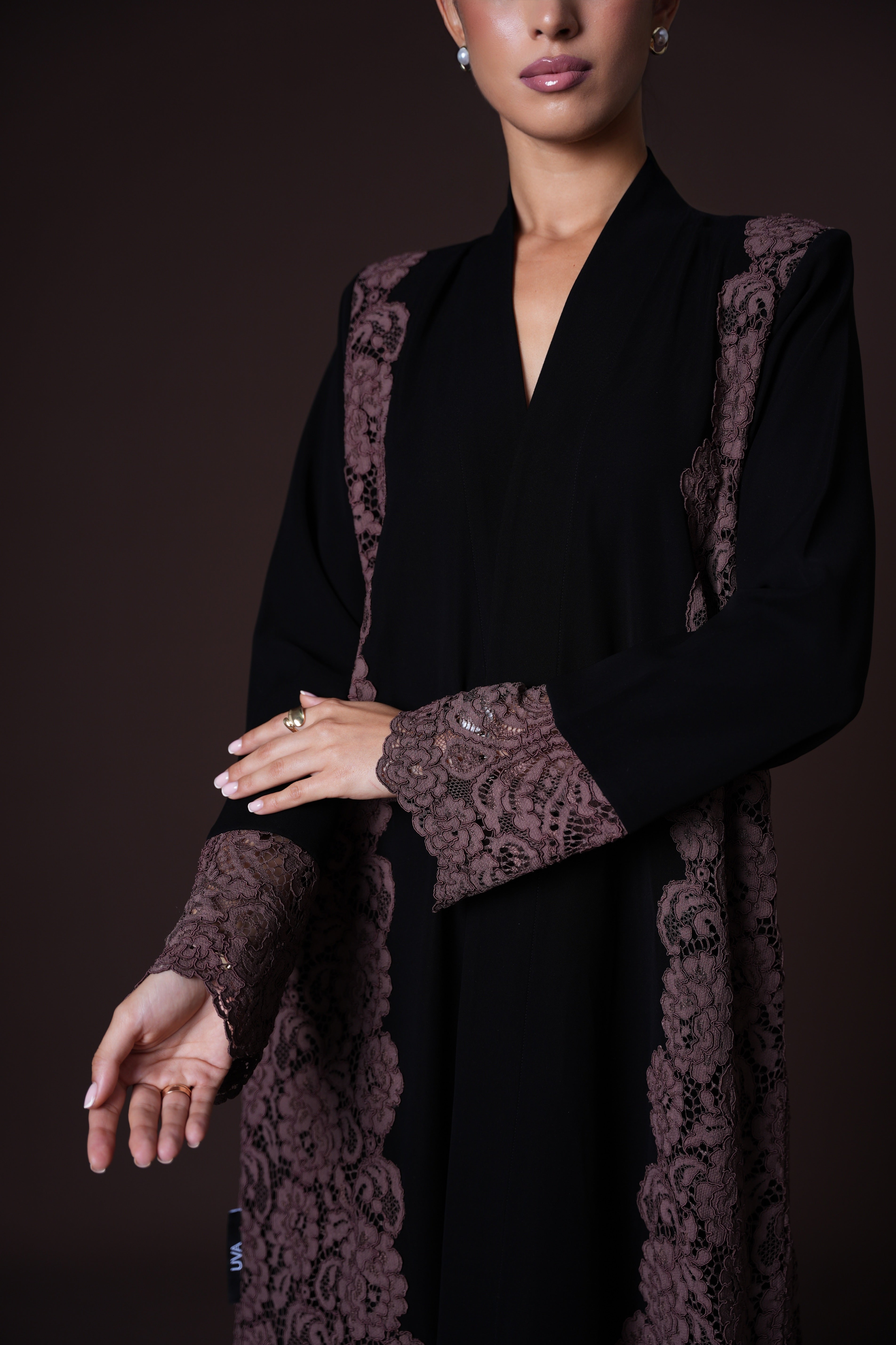 Anoud Abaya – Black Crepe with Brown Lace