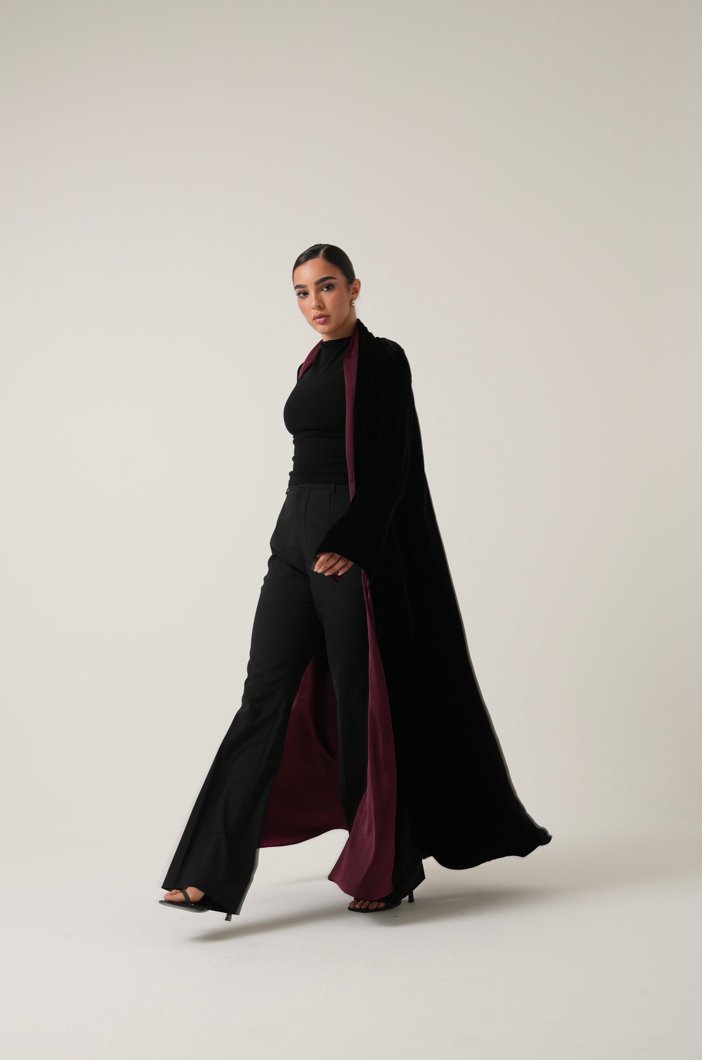 Black velvet abaya with burgundy inner lining